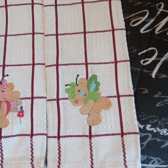 Kitchen Towels 3 PC Cotton Waffle Red Stripes Cute Embroidery Design 25x15 in. - Picture 5 of 9